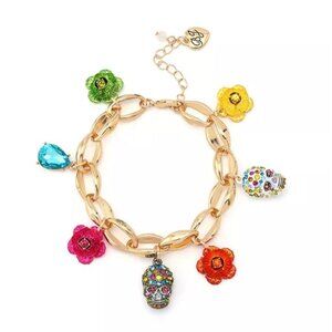 Betsey Johnson Gold Tone Sugar Skull & Flower Charm Bracelet NWT
